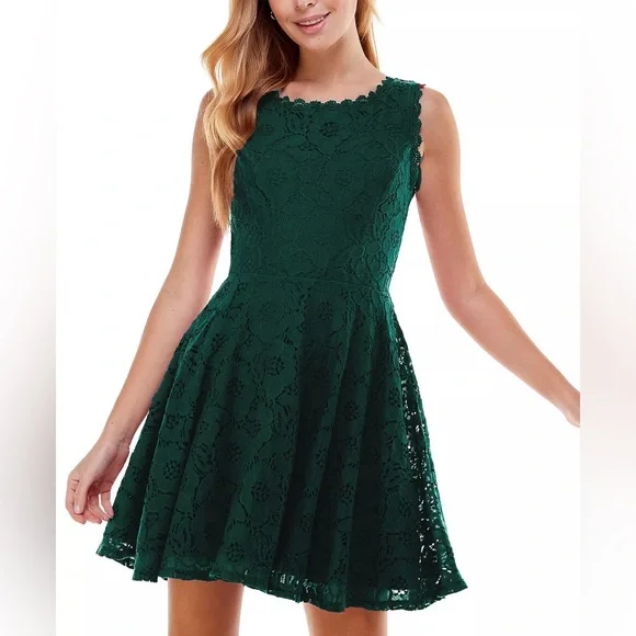 City Studios Juniors' Lace Fit & Flare Dress - Hunter - Size 1 City Studios Juniors' Lace Fit & Flare Dress - Hunter - Size 1
